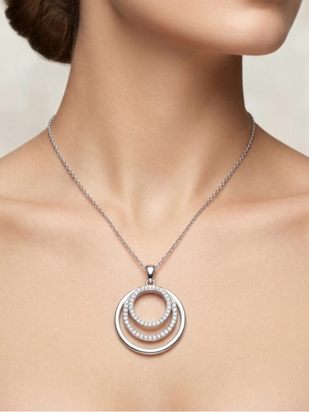 Silver Triple Interlocking Circle Pendant Necklace Minimalist Rhinestone Accents